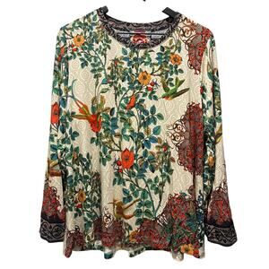 Johnny Was Top Bamboo Long Sleeve Floral Bird Cream Blue Black Womens Size XL